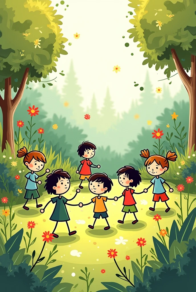 stick figure drawing of children in the garden