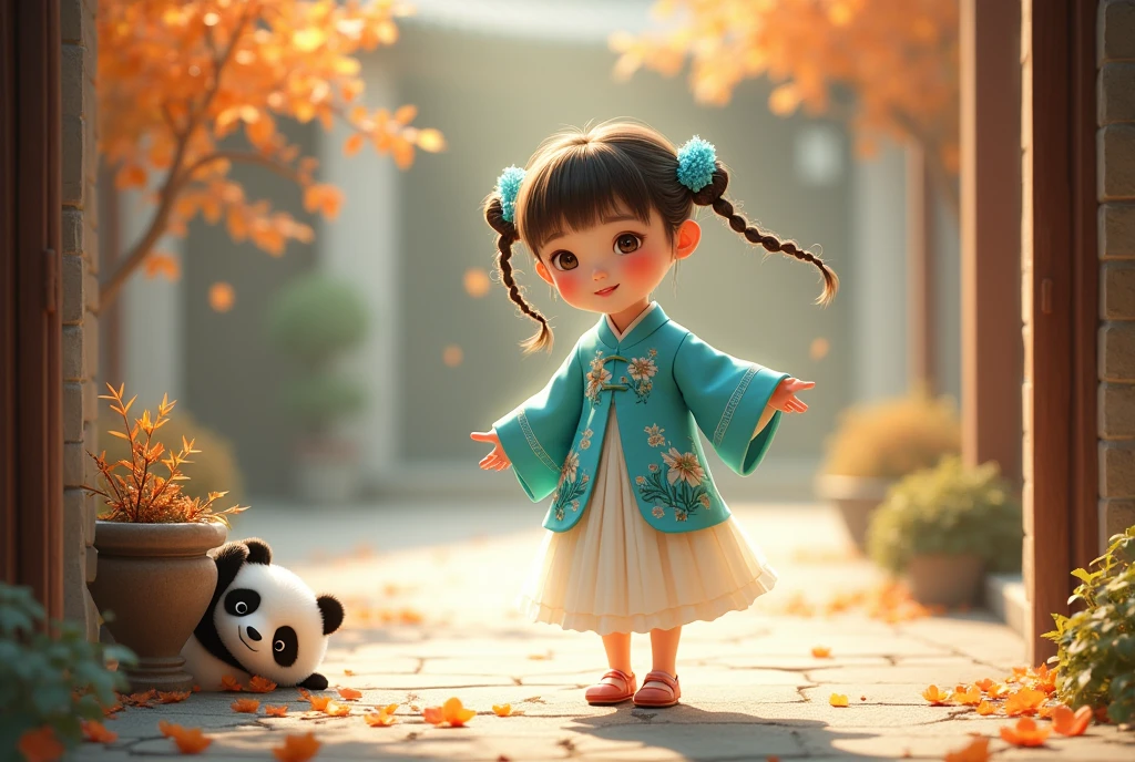 A charming young girl in traditional East Asian attire, featuring a turquoise jacket with floral patterns and a flowing white skirt. She has two playful braids adorned with delicate blue flowers. The scene is set in a serene courtyard with a rustic wall and a wooden door, where a small, adorable panda peeks out from behind a flower pot. Gentle autumn leaves are falling around, adding a whimsical touch to the atmosphere, illuminated by soft, warm sunlight casting gentle shadows on the ground.