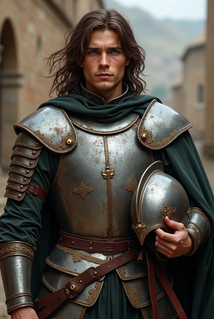 Short Italian soldiers, 27 years old, long brown hair, gray eyes, wearing sturdy medieval armor. He holds a helmet and a battle ax