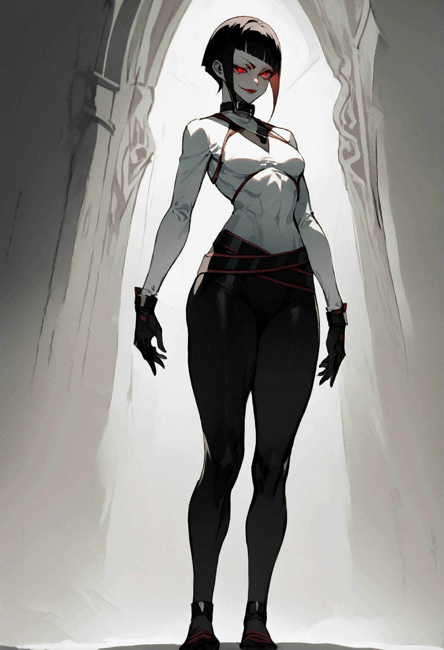 The eyes,fully body,standing,alone,short hair,work of art,face detailed,young fitness linda,Wearing black pantyhose,tight white sweater with collar ,neckleace,evil smile,red eyes glowing,labiaa,eye shadow,bangs on the eyes,black gloves,usando The eyes