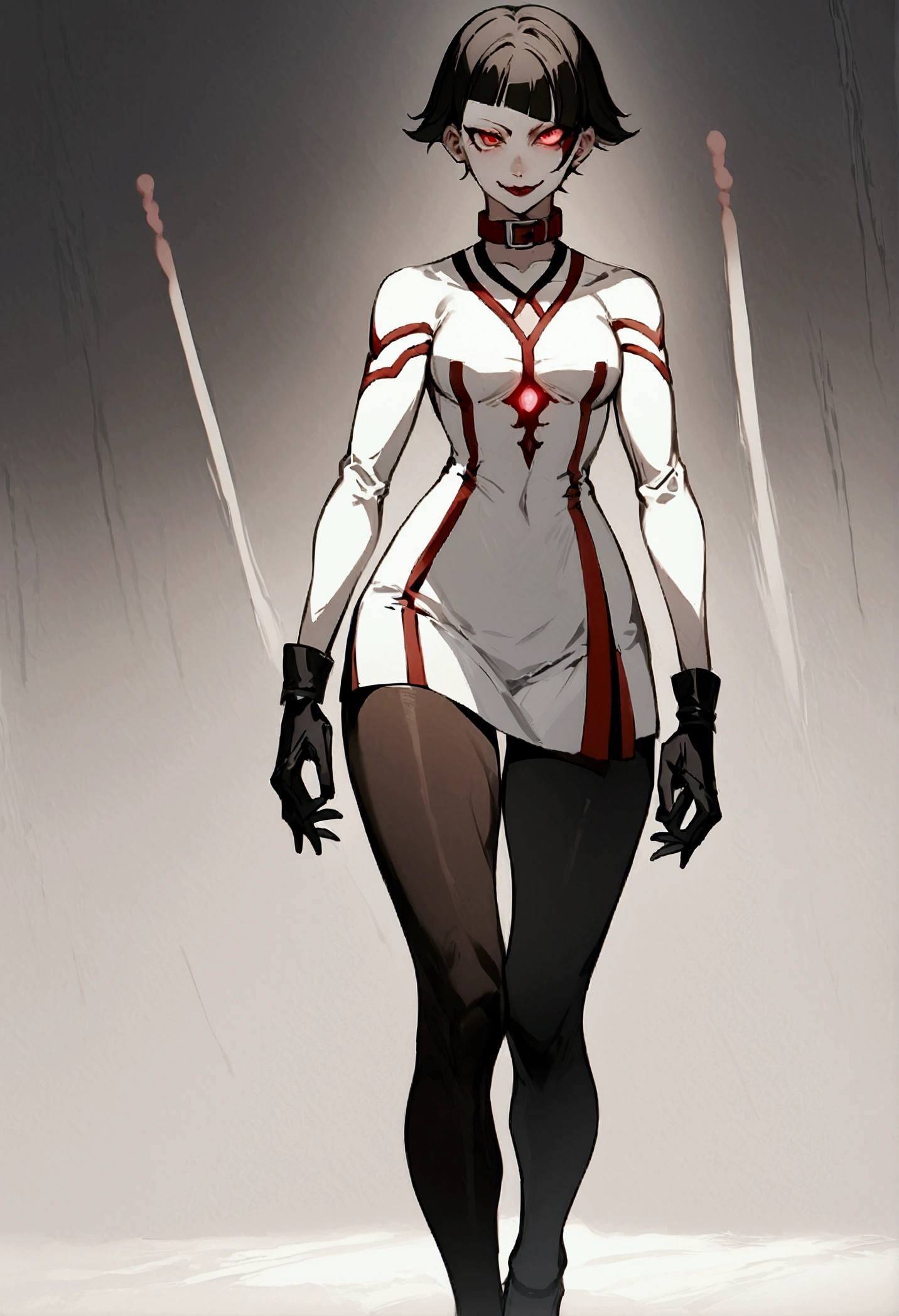 The eyes,fully body,standing,alone,short hair,work of art,face detailed,young fitness linda,Wearing black pantyhose,tight white sweater with collar ,neckleace,evil smile,red eyes glowing,labiaa,eye shadow,bangs on the eyes,black gloves,usando The eyes