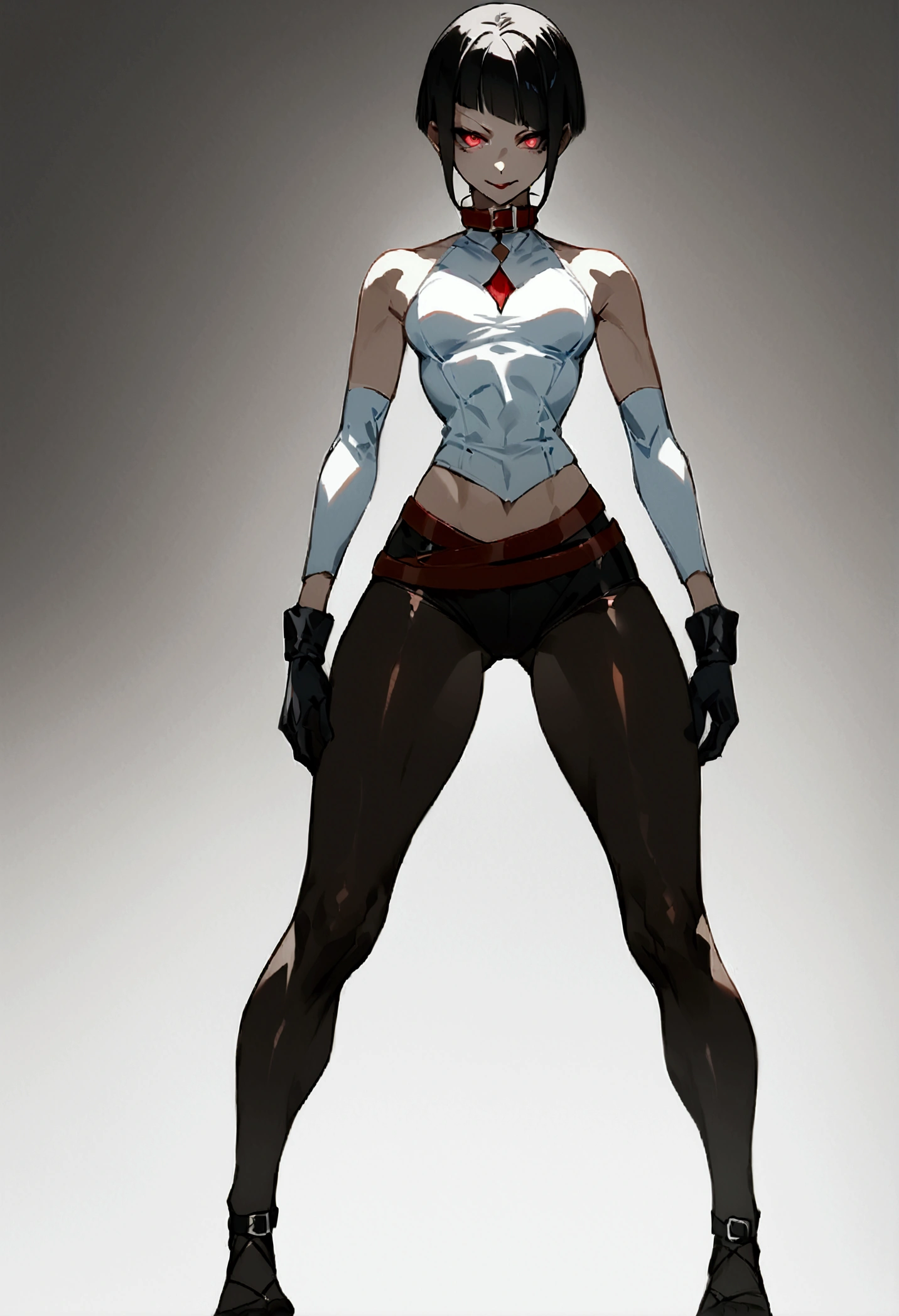 The eyes,fully body,standing,alone,short hair,work of art,face detailed,young fitness linda,Wearing black pantyhose,tight white sweater with collar ,neckleace,evil smile,red eyes glowing,labiaa,eye shadow,bangs on the eyes,black gloves,usando The eyes
