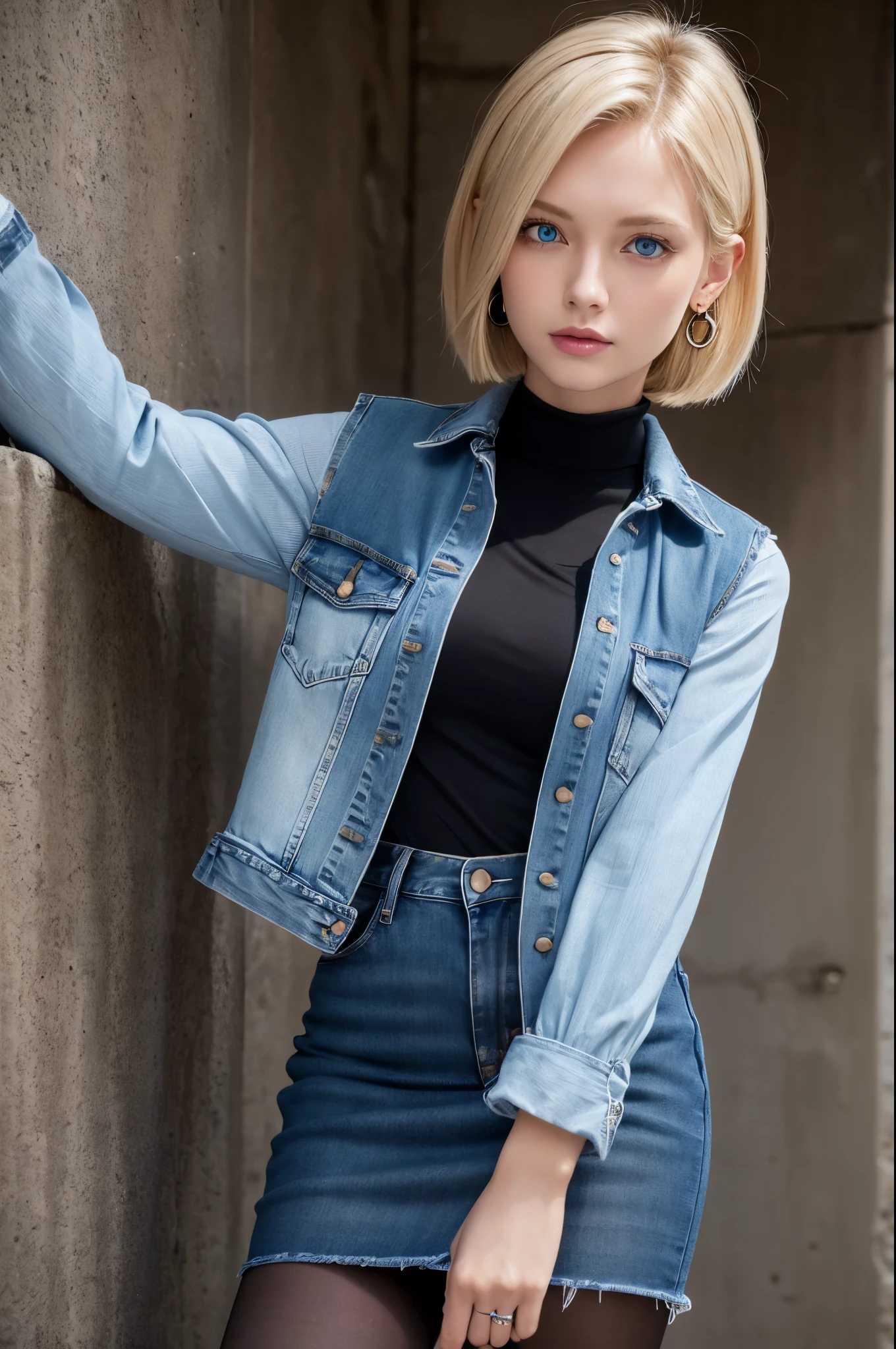 8k,Highest quality, High resolution, AND18, One Girl, Android 18, alone, Blonde, blue eyes, short hair, Earrings, jewelry, Denim dress, Open Vest, Black Pantyhose, Black Shirt, Jeans Skirt, long sleeves with stripes, Blue Skirt, Medium chest, Cowboy Shot, street, (External dilated chest: 1.2) The body's aura is released (Blue white light effect),Highest qualityのフォトリアリスティックRAW写真。Backlight、Cinema Lighting、Film Grain、50mm lens、Nikon D850、Realistic Skin、Fantasy art、Character Art、超High resolution、muscular and slim body、超Realistic Skin、Super Muscular Beauty,smile,Dynamic karate pose with clenched fists,