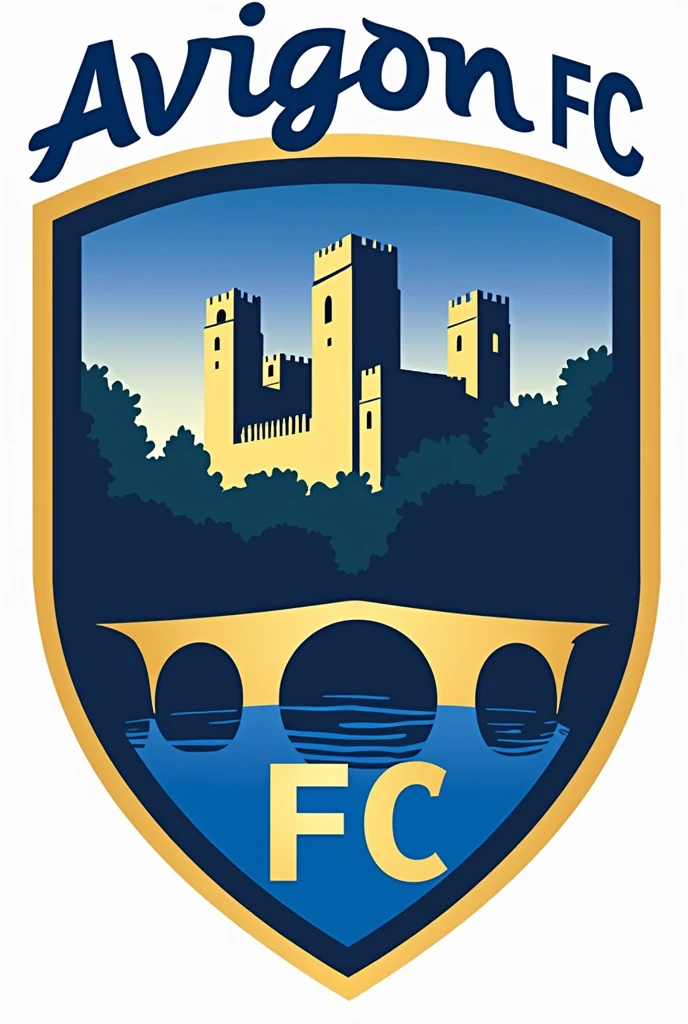 Un emblème en forme de bouclier avec une silhouette du Palais des Papes en arrière-plan.
Une représentation stylisée du Pont d'Avignon au centre.
Les couleurs bleu royal et or dominent le design, avec le nom "Avignon FC" inscrit en lettres capitales en haut du logo.