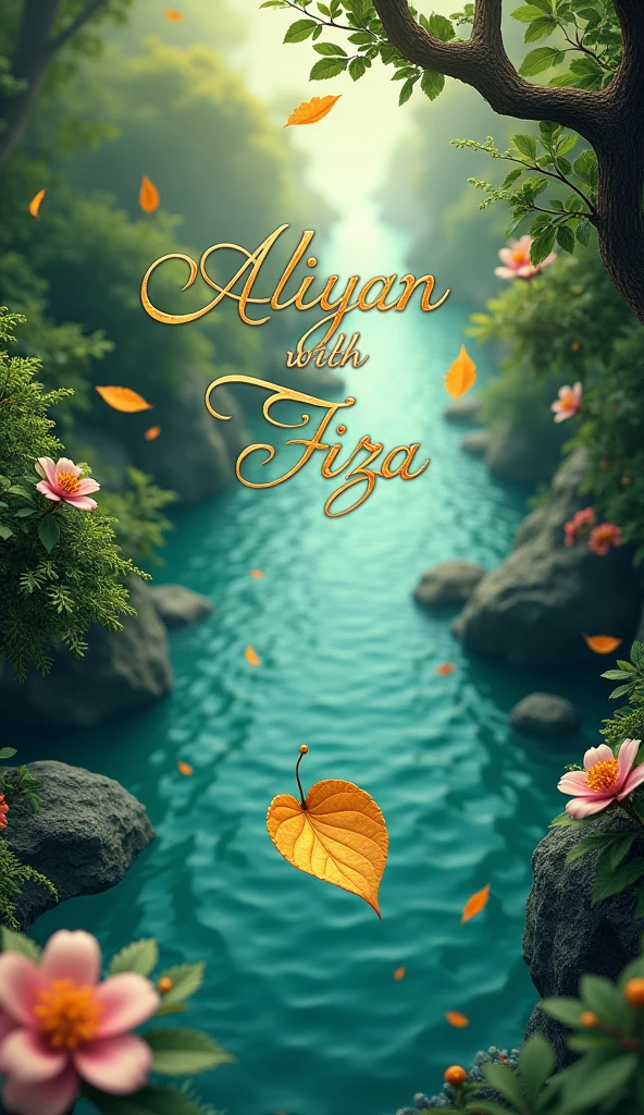 There is a title "Aliyan With Fiza" written with beautiful love font, on a beautiful, and fantasy river. A top view of falling leaf in the river and in green jungle at the day. Flowers, rivers showing glamour at the background of the leaf. A 3D, Aesthetic, fantasy poster.