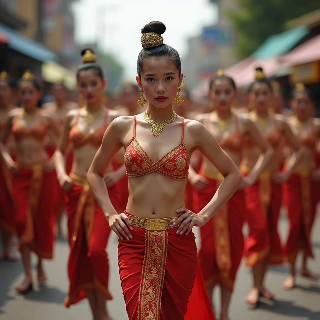 ((masterpiece, highest quality, Highest image quality, High resolution, photorealistic, Raw photo, 8K)), Best Quality, Realistic photograph, Group of thai young girl , Thai dance on street festival, dynamic post, erotic, porn, show real pussy, show real vagina , No wearing suit.