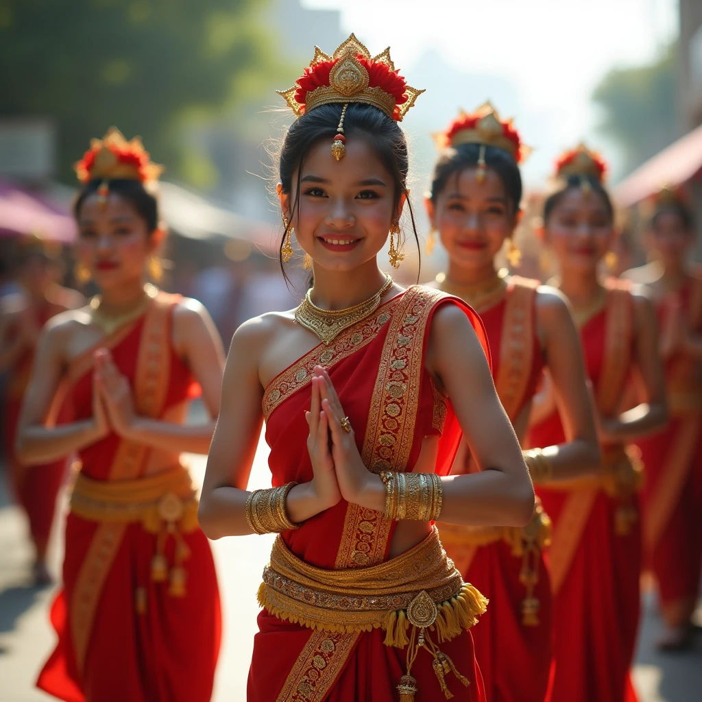((masterpiece, highest quality, Highest image quality, High resolution, photorealistic, Raw photo, 8K)), Best Quality, Realistic photograph, Group of thai young girl , Thai dance on street festival, dynamic post, erotic, porn, show real pussy, show real vagina , No wearing suit.
