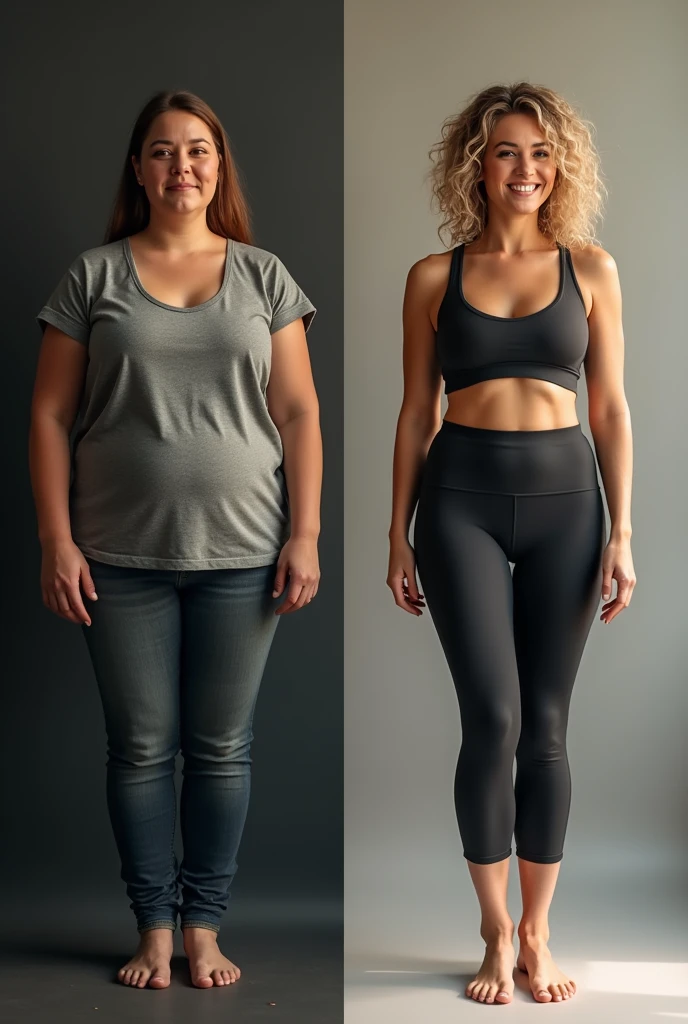 Book cover concept: A highly realistic and almost 3D quality image depicting the physical transformation of a woman from obesity to a slim, fit, and happy version of herself. On the left side, the woman is overweight, with a somber expression, wearing casual, loose clothing. On the right side, she appears slim, fit, and radiantly happy, wearing form-fitting athletic wear, with a confident and joyful smile. The background should transition smoothly from dark and muted tones on the left to bright and vibrant colors on the right, symbolizing the positive change in her life. Ensure the cover is ultra-high-definition 4K quality with a hyper-realistic style, capturing every detail of the transformation.