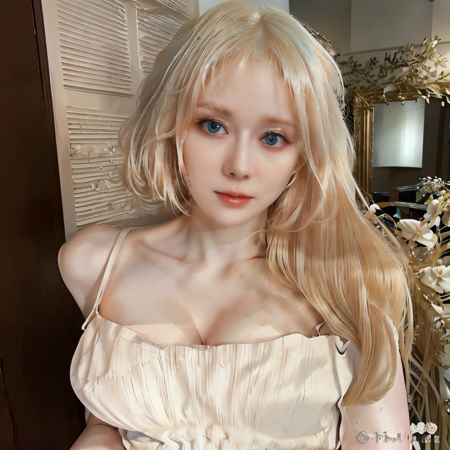 a close up of a woman with a white top and blonde hair, pale fair skin!!, pale glowing skin, pale porcelain white skin, with pale skin, soft pale white skin, pale beautiful skin, soft flawless pale skin, ivory pale skin, pale ivory skin, pale milky white porcelain skin, long blonde hair and big eyes, soft pale golden skin, 
