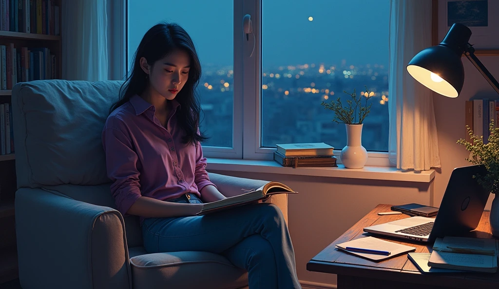 A stunning oil painting of a young beautiful Korean woman, beautifully portrayed with a lost and melancholic expression. In the soft glow of a study lamp, a she sits in her comfortable chair, surrounded by the organized chaos of study materials. Her desk is cluttered with open books, a laptop, and a mobile phone, each item a tool in her quest for knowledge. The window beside her at a distance, reveals the deep blue of night time, with the city lights faintly glimmering in the distance. The room is bathed in a warm, focused light that contrasts with the cool darkness outside, creating a serene, studious atmosphere., adding to the sense of unease. The painting exhibits a dream-like, impressionistic style, with visible brushstrokes that create a sense of depth and texture. The color palette primarily consists of deep purples, grays, and blacks, evoking a depressive atmosphere.