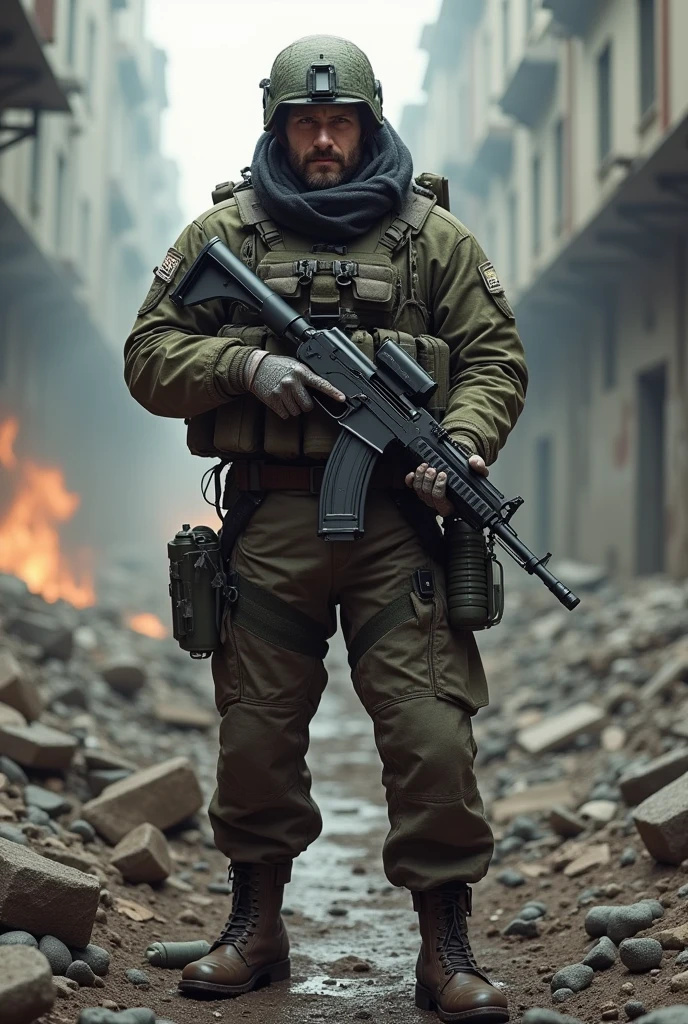 I want an adult in the war, carrying an AK47 and several grenades on his waist, with tactical backpack and gloves too