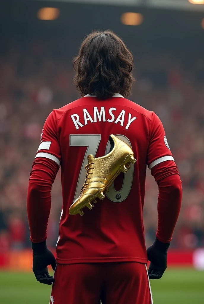 A Liverpool player named Ramsay who wears number 70 and also wears long sleeves and black gloves and has wavy hair at eyebrow level showing off his golden boot to Liverpool fans seen from behind