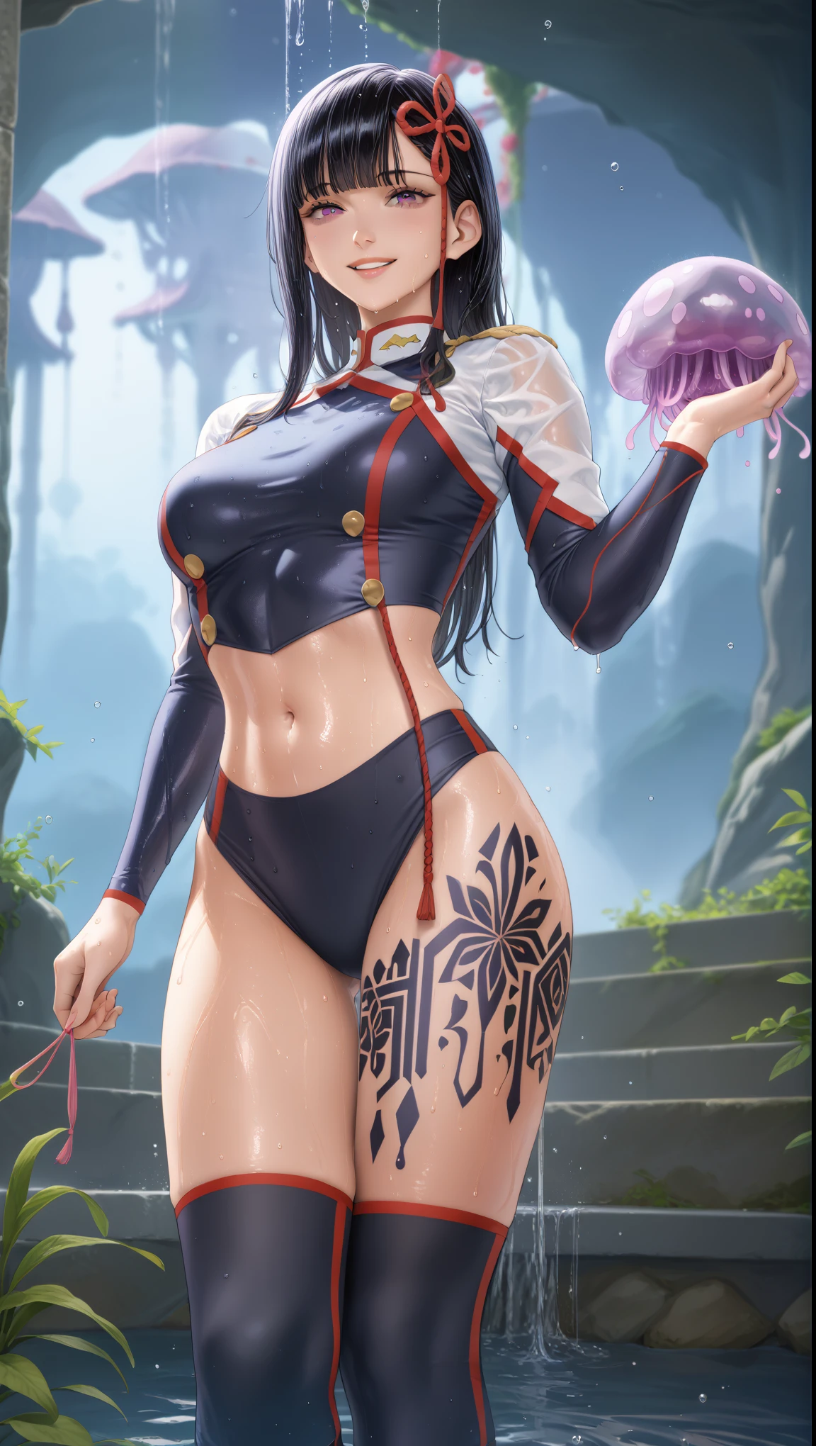 score_9, score_8_up, score_7_up, score_6_up, uncensored, yamahsiro ren, black hair, long hair, bangs, hair ornament, purple eyes, BREAK detailed eyes, perfect face, anatomically correct, detailed skin texture, (blush:0.5), (goosebumps:0.5), subsurface scattering, Anime Style, Manga Style, Hand drawn, cinematic, Sharp focus, humorous illustration, big depth of field, Masterpiece, concept art, trending on artstation, Vivid colors, Simplified style, trending on ArtStation, trending on CGSociety, Intricate, Vibrant colors, Soft Shading, Simplistic Features, Sharp Angles, Playful, excessive sweating, sweating profusely, sweating drop BREAK, 1girl, looking at viewer, smile, bubble, holding, solo, jellyfish, upper body, parted lips, water, water drop, slime \(creature\), sweating profusely, wet, 