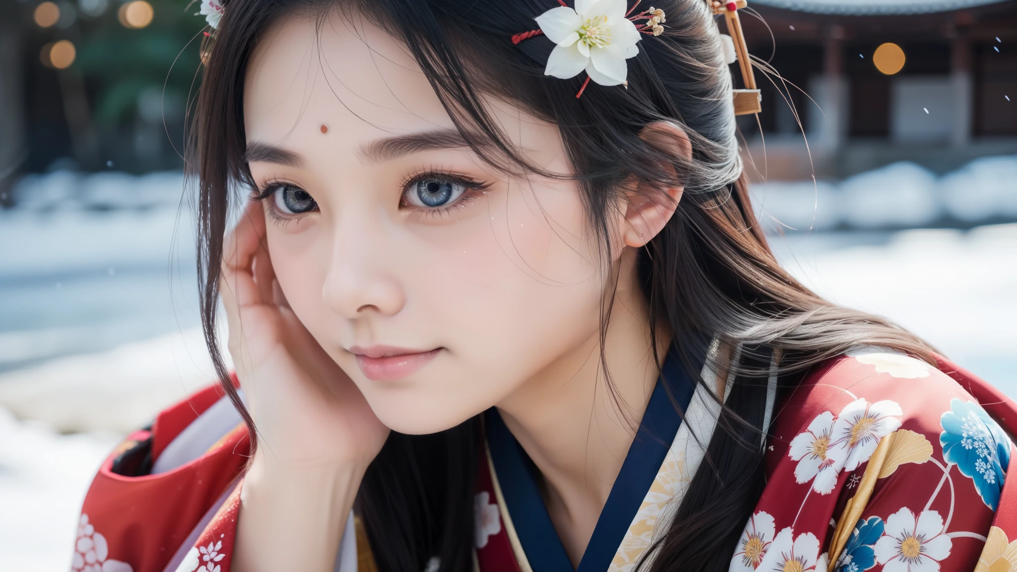 Sad expression, farewell, Beautiful Tears, Okinawa, front, winter, snow, 最high quality、high quality、Best image quality、8k、最High resolution、High resolution、Realistic photos, Healthy body, Beautiful Eyes, Flowing black hair, Colorful kimono, Calm expression, Soft lighting, Traditional Japanese art style, Vibrant colors, Peaceful atmosphere, Delicate features, Graceful posture, Beautiful Landscape