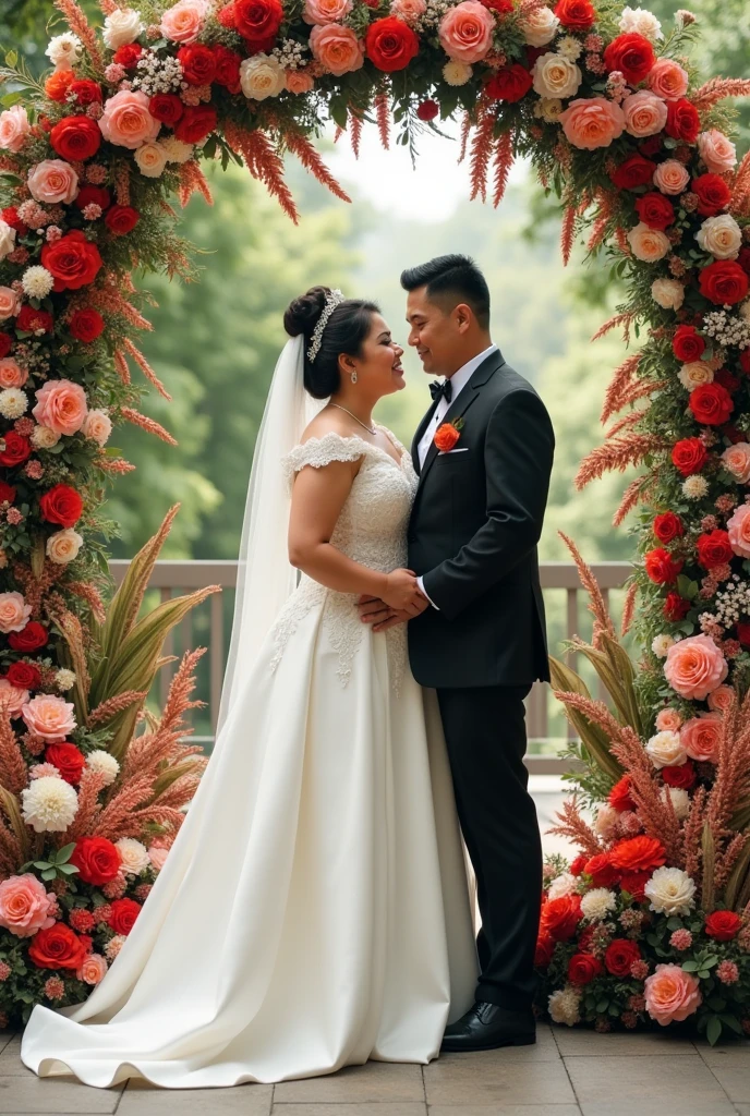 real pinoy couple fat girl wearing wedding with background arounding flowers
