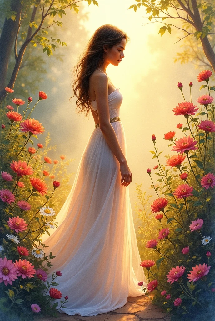 A captivating watercolor painting of a young woman in an ethereal, flowing gown, set amidst a garden bursting with vibrant, blooming flowers. The early morning sun casts a warm, golden glow on her figure, highlighting her silhouette and creating a soft gradient effect. The wet on wet technique is masterfully used to blend the colors and create a dreamlike atmosphere, with the woman's figure seamlessly merging with the surrounding flora.