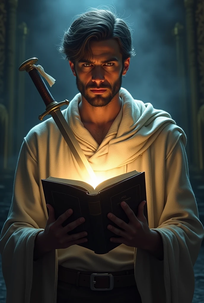 (photorealism:1.2), a man holding a bible , his eyes shines like a light.. ang with a dagger in his right side