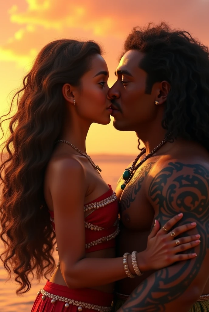 Realistic photo of Moana, young and beautiful, hyper realistic, real portrait, backlit, exquisite features, cleavage, sunset, she is kissing the demigod Maui