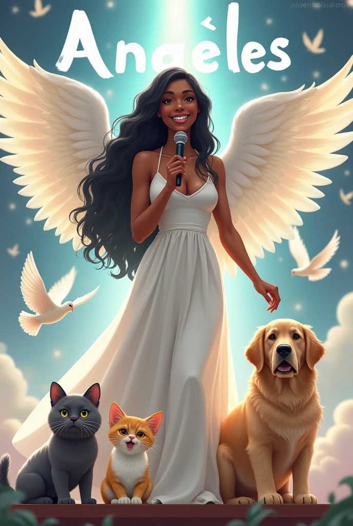 A 26-year-old brown-skinned girl ,with big wings like an angel with a smile and has braces on his teeth , her black wavy hair with a long white dress like a Goddess on a stage full of doves with a microphone , Next to her are her 3 pets, a gray kitten with chubby cheeks, his name is Polo and her other pet, which is a yellow and white kitten, her name is Nini, she is smaller, and her last pet, which is a large beige Golden puppy, his name is Osito, on stage he has a big name that says Angeles.