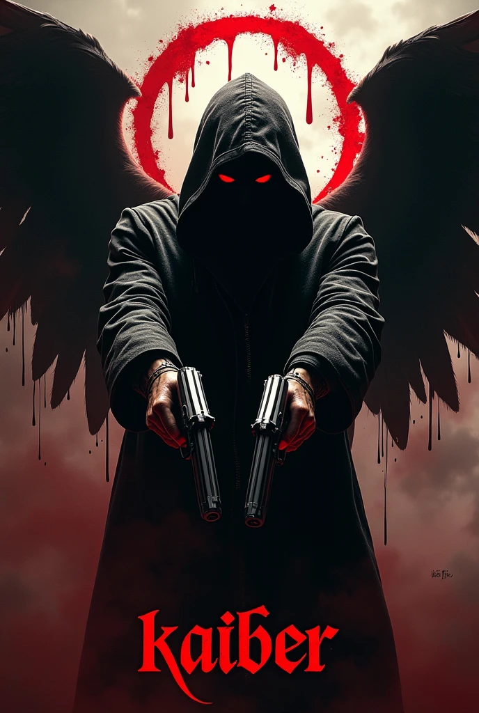 Black hooded man, mysterious, red eyes, bloody angel halo above head, black angel wings, bloody background, holding two pistols, word “kaliber” in large text below it, hyper realism, bloody logo