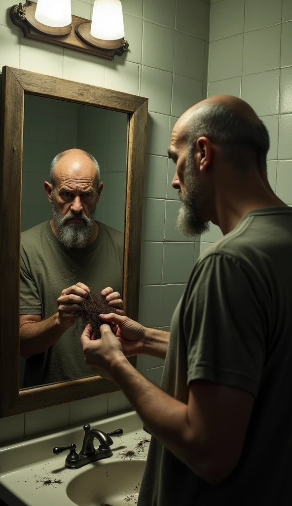Create an image for me of a man with torn clothes and beginning to bald, facing a mirror in the bathroom, holding a bunch of hair in his hand. 