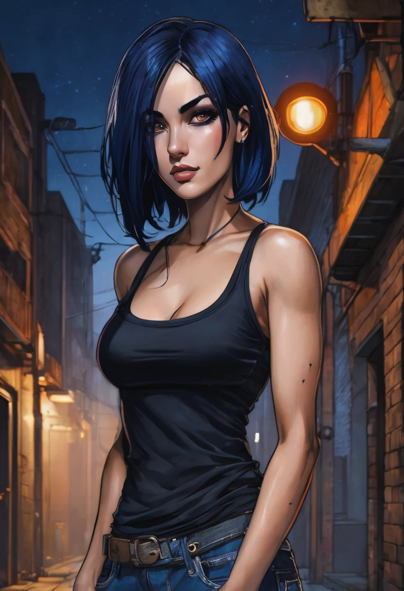 (good quality), (many details), (masterpiece), A close-up of a person in jeans and a tank top, dark blue hair (shoulder length), fierce, athletic, serious melancholic face, small breasts, black band on upper arms, strong, in an alley at night, realistic, tattoo under the eye,