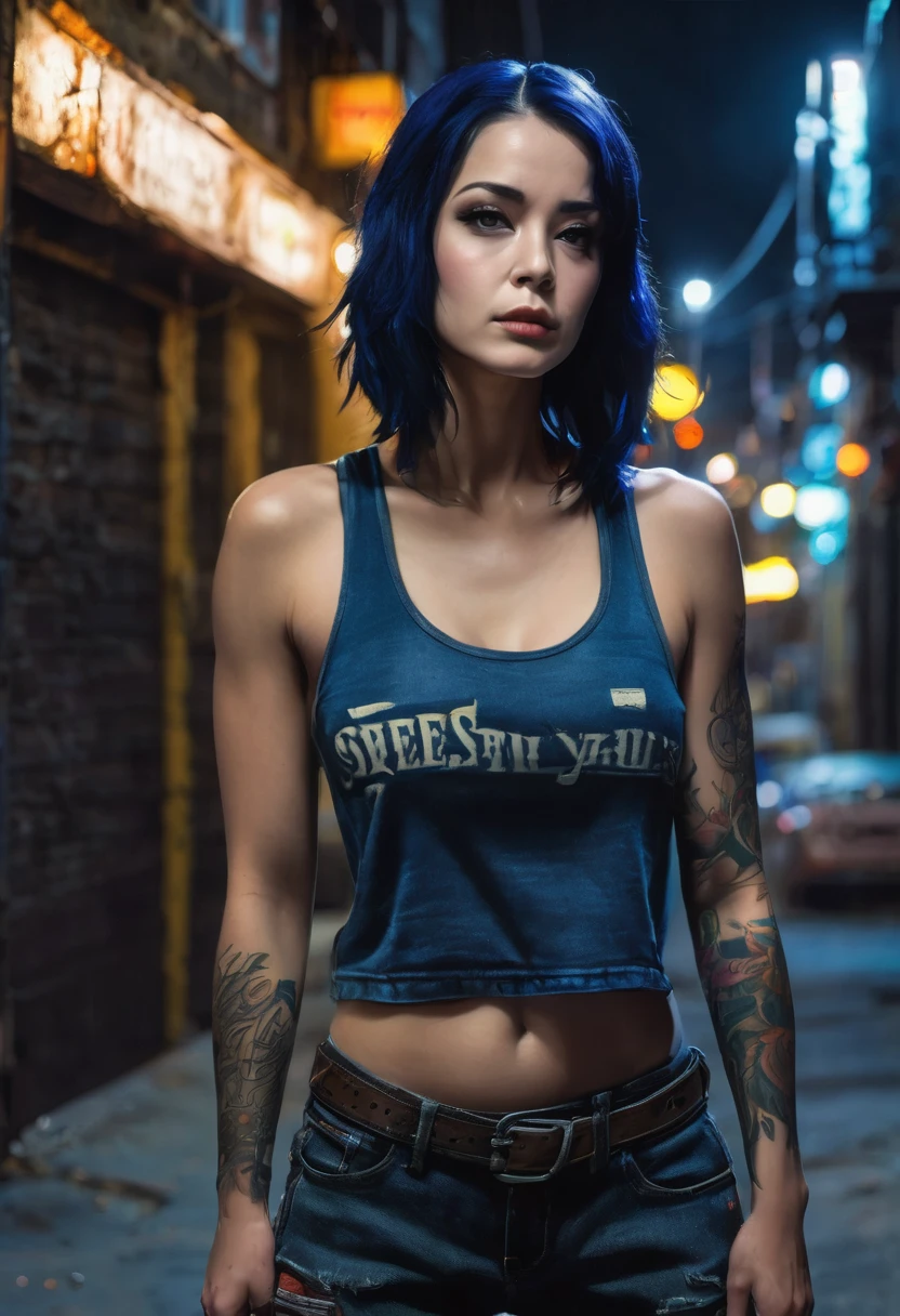 (good quality), (many details), (masterpiece), A close-up of a person in jeans and a tank top, dark blue hair (shoulder length), fierce, athletic, serious melancholic face, small breasts, black band on upper arms, strong, in an alley at night, realistic, tattoo under the eye,