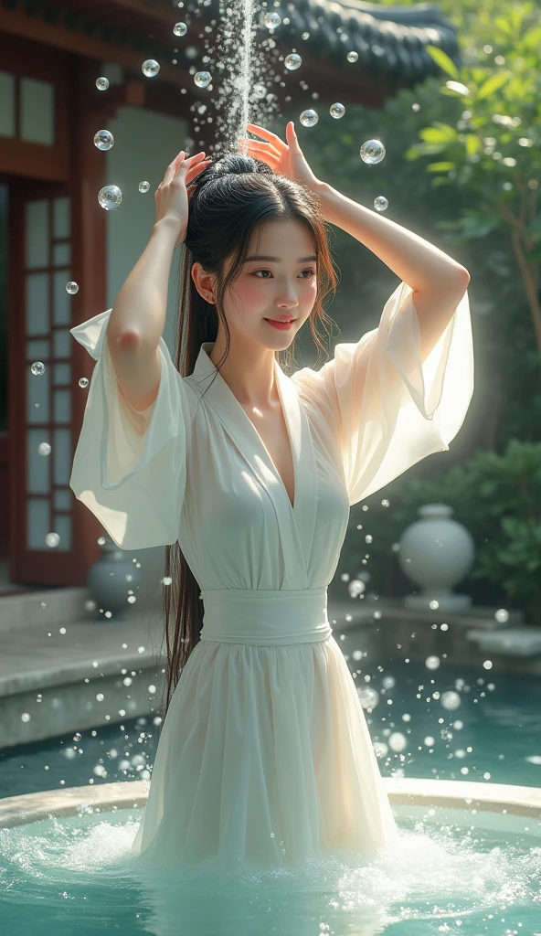 Create an Asian long-haired beauty,Beautiful big eyes,Regular facial features,Normal limbs,White traditional cheongsam,Hair in a bun,Washing hair with both hands above the head,There are a lot of real bubbles on the head,The hair is covered with white real foam,The expression is happy,Ancient courtyard background,9:16 frames,Ultra HD painting