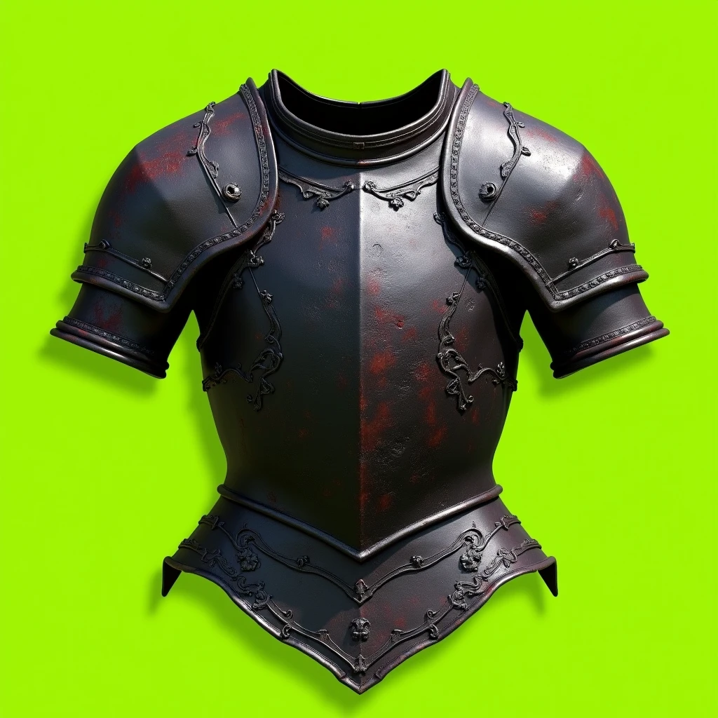 hyperrealistic, medieval, dark plate, chest armor piece, lime green background