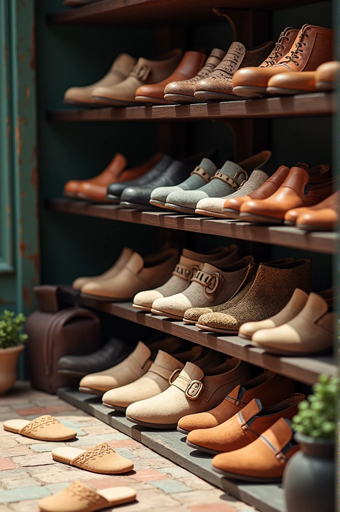 by the door of the house you can see a shoe rack , various types of men's shoes , Women's and children's shoes are arranged on the shelf. there are also some slippers scattered in front of the door , draw this composition from a close distance with an emphasis on form, braided, and space