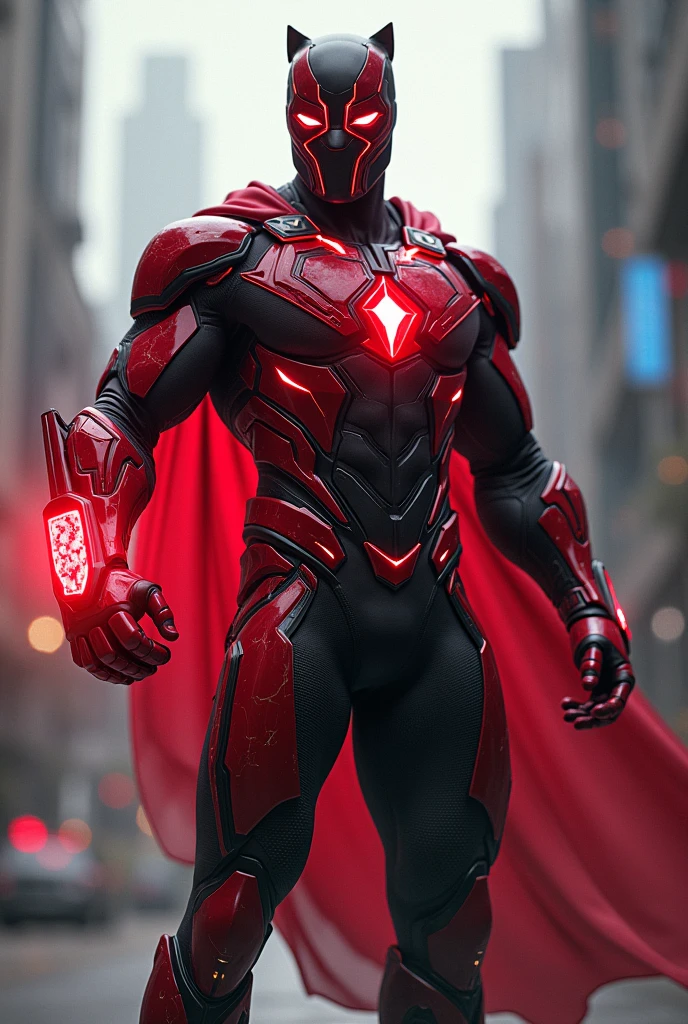 create an image of a male superhero named scarlet with a reality gem with a costume similar to black panther and with nanorobots like iron man and one with a mask like the covid one