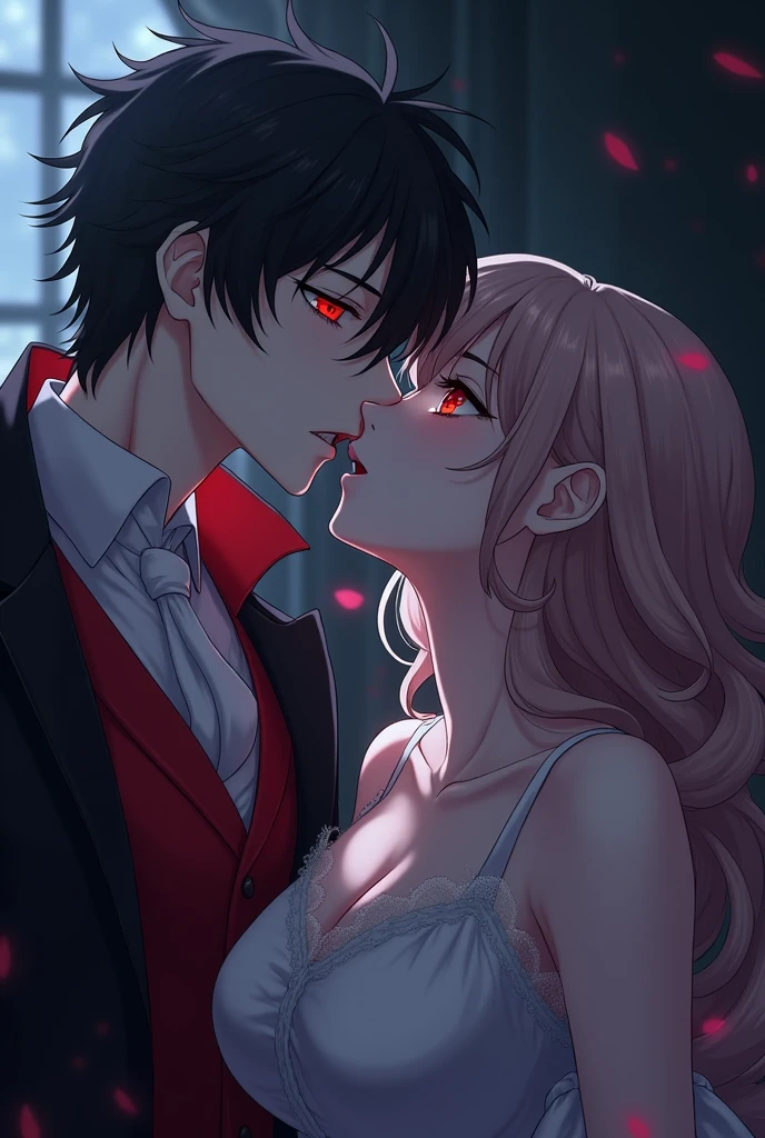 A handsome anime vampire boy is biting an anime girl's neck with his sharp teeth.