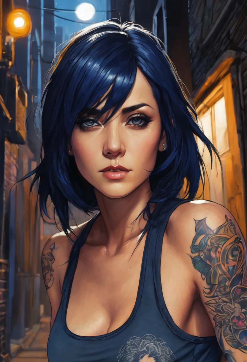 (good quality), (many details), (masterpiece), A close-up of a person in jeans and a tank top, dark blue hair (shoulder length), fierce, athletic, serious melancholic face, small breasts, black band on upper arms, strong, in an alley at night, realistic, tattoo under the eye,