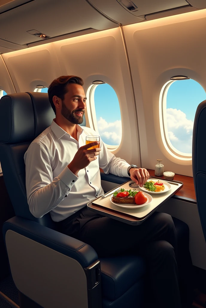 A man is eating lunch in the top of airplane 