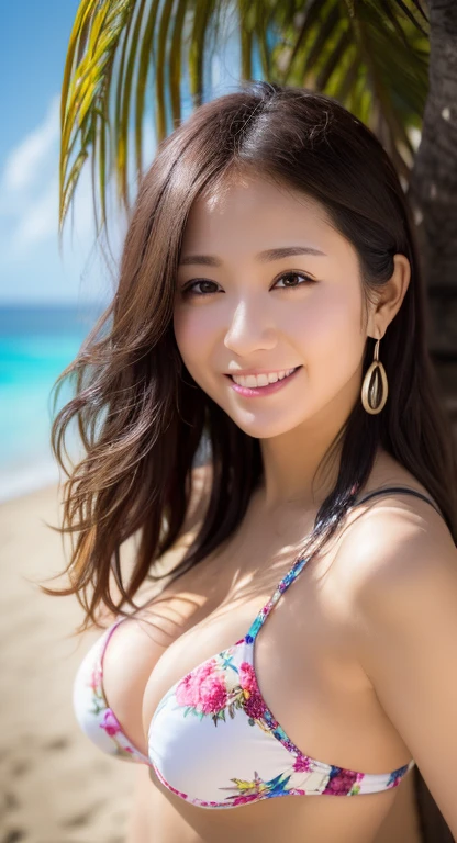 masutepiece, Best Quality, Photorealistic, Super detailed details, finely detail, High resolution, 8K Wallpaper, (1 person woman), Beautuful Women、Korean style makeup、Sharp face、a small face、Hanging eyes、taut breasts、cleavage of the breast、Light brown fluffy long hair, (Overwater cottages in the Maldives,Crystal clear sea seen from the window, Views with white sand beaches and palm trees)、Highly detailed background、sharp focus, Perfect dynamic composition, Beautiful detailed eyes, Detailed realistic skin texture, Smiling, in a street、brown pupils、Swaying earrings、 Necklace、Show armpits、large breast