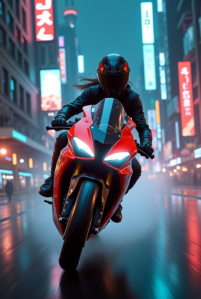 {{A breathtakingly beautiful woman racing at breakneck speed atop a high-performance motorcycle in a hyper-realistic Cyberpunk style}}, the scene illuminated by cinematic lighting that accentuates every intricate detail. This is a Cyberpunk-inspired image that captures {((the thrilling fusion of high-speed action and futuristic urban aesthetics))}. The environment/background should be {((a sprawling metropolis with towering skyscrapers and bustling streets, bathed in the neon glow of Cyberpunk technology))} to create an {((atmosphere of dynamic energy and urban sophistication))}. The image should be rendered in {((ultra-realistic and meticulously detailed))} style, drawing from {((the gritty and lifelike aesthetics of Cyberpunk-themed media))}. The medium shot, captured with a {((medium telephoto))} lens, will provide a {((sense of velocity and realism))}. The lighting should be {((cinematic and dramatic))}, casting {((striking shadows and highlights that enhance the realism and depth of the scene))}. The desired level of detail is {((exquisitely intricate and visually captivating))} with a {((high-definition))} resolution, showcasing {((the realistic textures of the woman's attire, the intricate design of the racing motorcycle, and the urban landscape))}. The goal is to create a {((visually stunning and emotionally engaging))} image that immerses viewers in {((the adrenaline-fueled world of Cyberpunk racing))}.