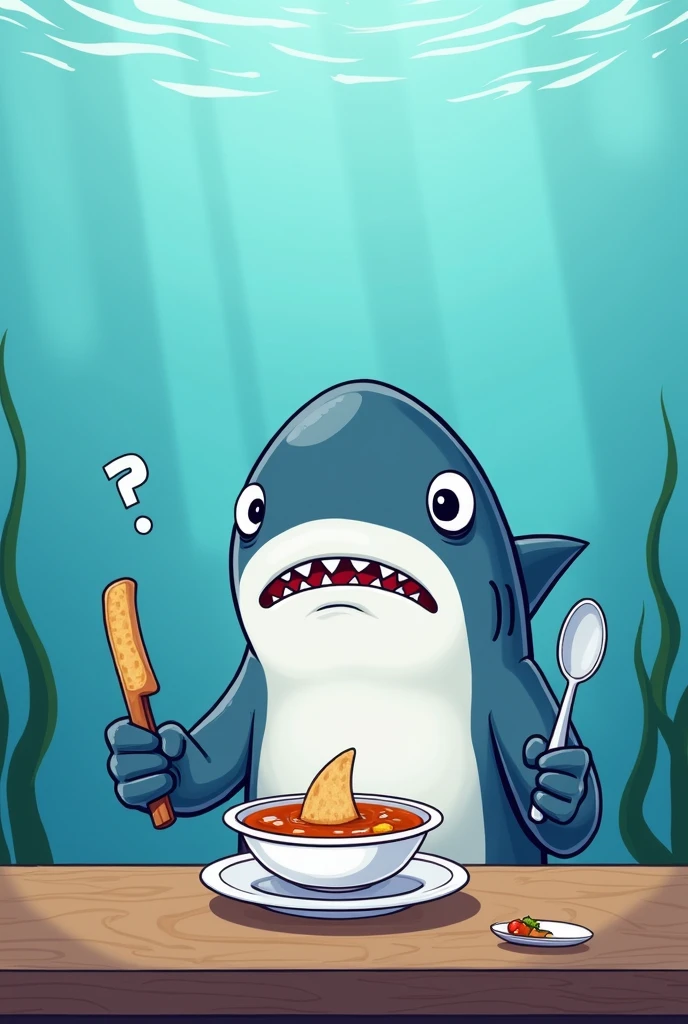 Create a cartoon drawing, it is a shark in the ocean holding a bread knife and spoon in front of him is a shark fin soup and he was sad while looking at it the shark is straight body and more sad
