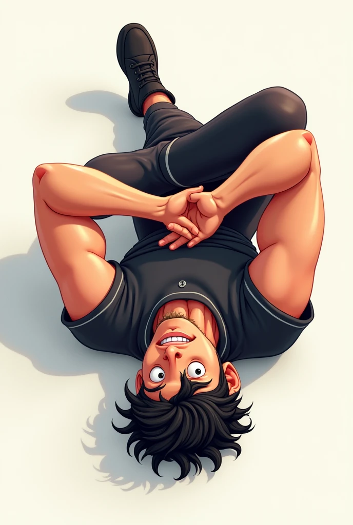man on his back, athletic body, black jersey, Bblack hair. animated cartoon