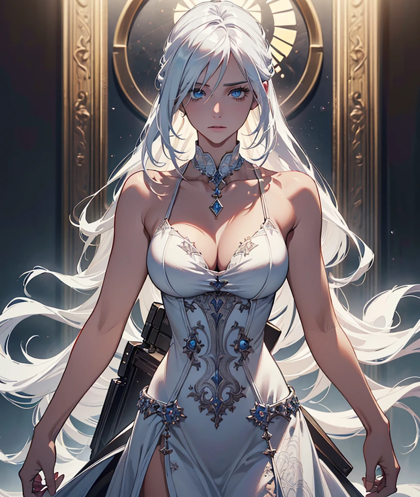 masterpiece,best quality, official art, extremely detailed CG unity 8k wallpaper, ((top quality, 8k, masterpiece: 1.3, ultra hd, high quality, best quality, high definition, ((realism)), sharp focus: 1.5,(Very detailed CG unity 8K wallpaper), Dark Cinematic Lighting, cinematic lighting ,massive breasts, tan skin,white suit),The best quality,ash white hair,blue eyes,upper body, cleavage, collarbone, 3:4,((hourglass figure))solo, best quality, masterpiece, extremely detailed CG, extremely detailed 8K wallpaper,((define and athletic body))