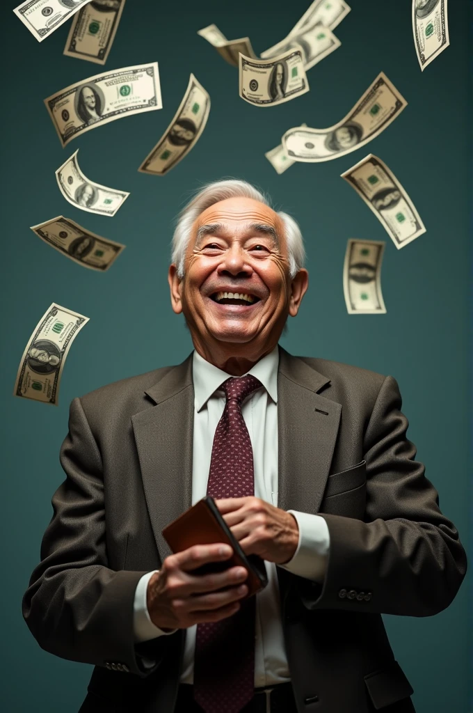 (high quality:1.2, 8k, highres,masterpiece:1.2),ultra-detailed,realistic,elderly man,well-dressed,extremely happy,rain of money,solid color background,studio photograph, best illumination, back light, some money floating like a money rain, one wallet showing money.