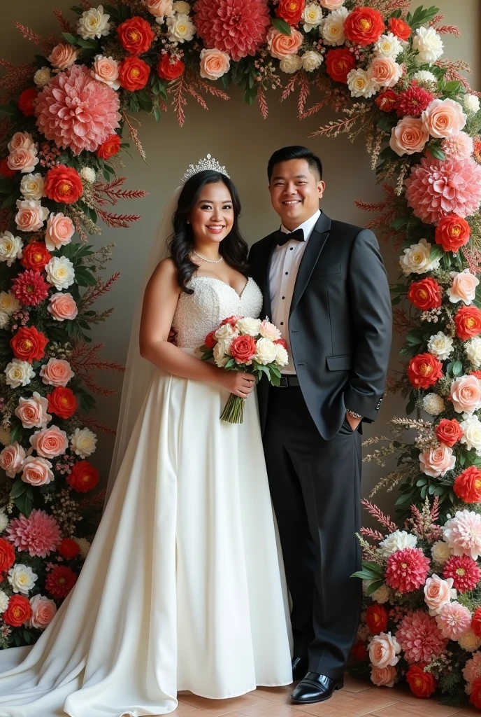 real pinoy couple fat girl wearing wedding with background arounding flowers