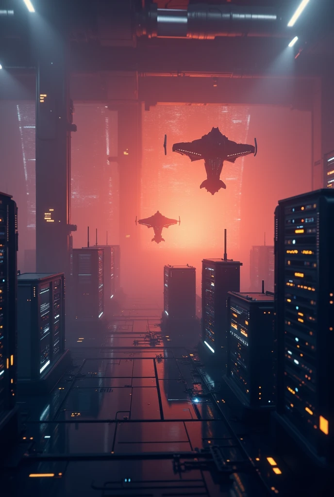 a cyberpunk server room, futuristic data servers in the shape of spaceships, glowing neon lights, intricate machinery, complex circuits, holographic displays, floating monitors, servers covered in glowing panels, industrial aesthetic, dark moody lighting, metallic textures, atmospheric fog, sense of scale, cinematic composition, (best quality,4k,8k,highres,masterpiece:1.2),ultra-detailed,(realistic,photorealistic,photo-realistic:1.37),cinematic lighting,dramatic shadows,moody colors,dark blues and purples,neon accents,advanced technology