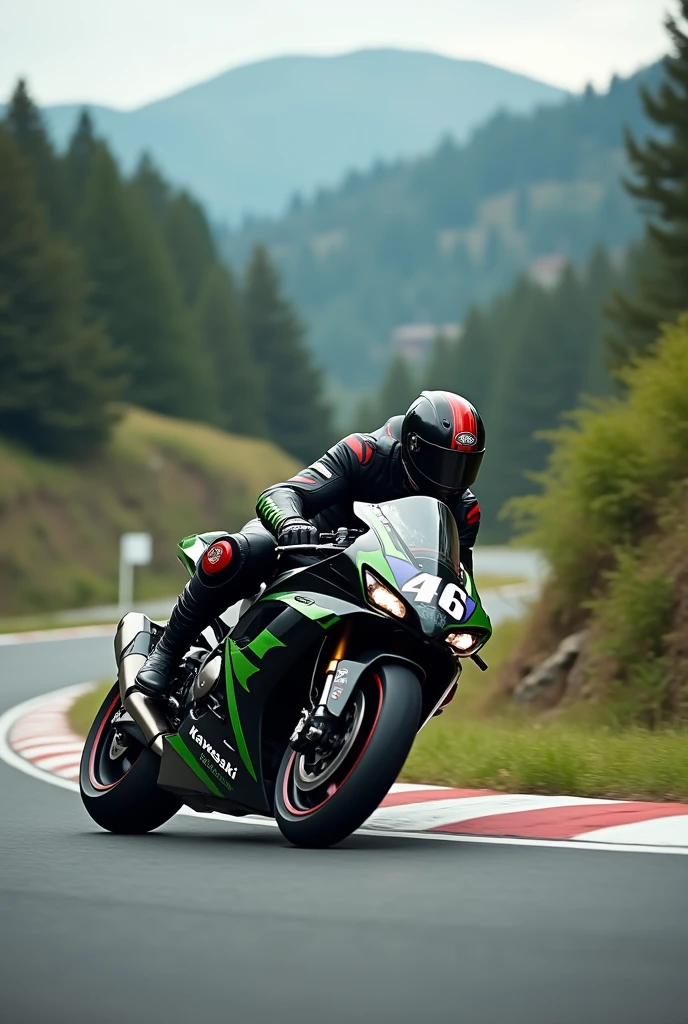 A man riding kawasaki z900 bike on bike track which his number is 46.