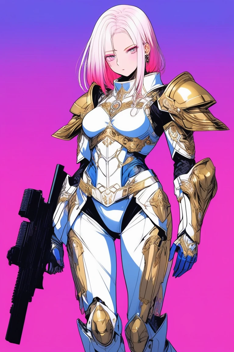 Illustrator, anime , Realistic ,sketch , 1 person, model, Age 25, lip, A revealing white and gold priest armor suit（Holy Gun）, order, Blue and pink gradient background, Neon Medium Hair, Big Breasts, Her cleavage is visible, look back, Upper Body, Sexy look, Texture Trim, Russia, (masterpiece,Highest quality)