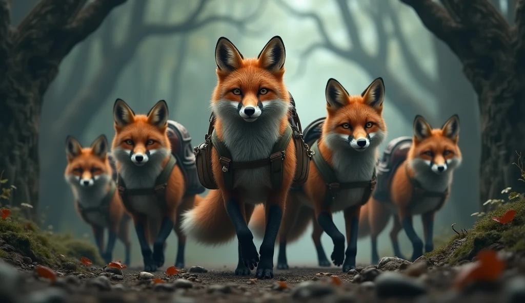 SEVERAL FOXES MOVING FORWARD OUT OF THE DARK FOREST WITH BACKPACKS ON THEIR BACKS AFTER A SAD MOMENT