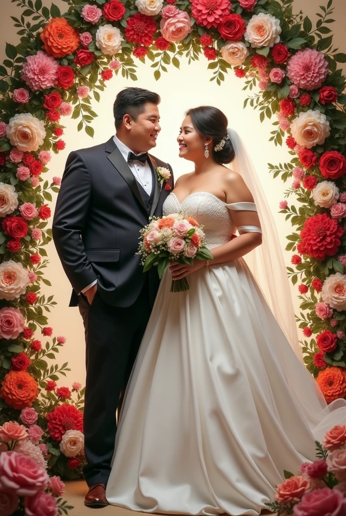real pinoy couple fat girl wearing wedding with background arounding flowers 