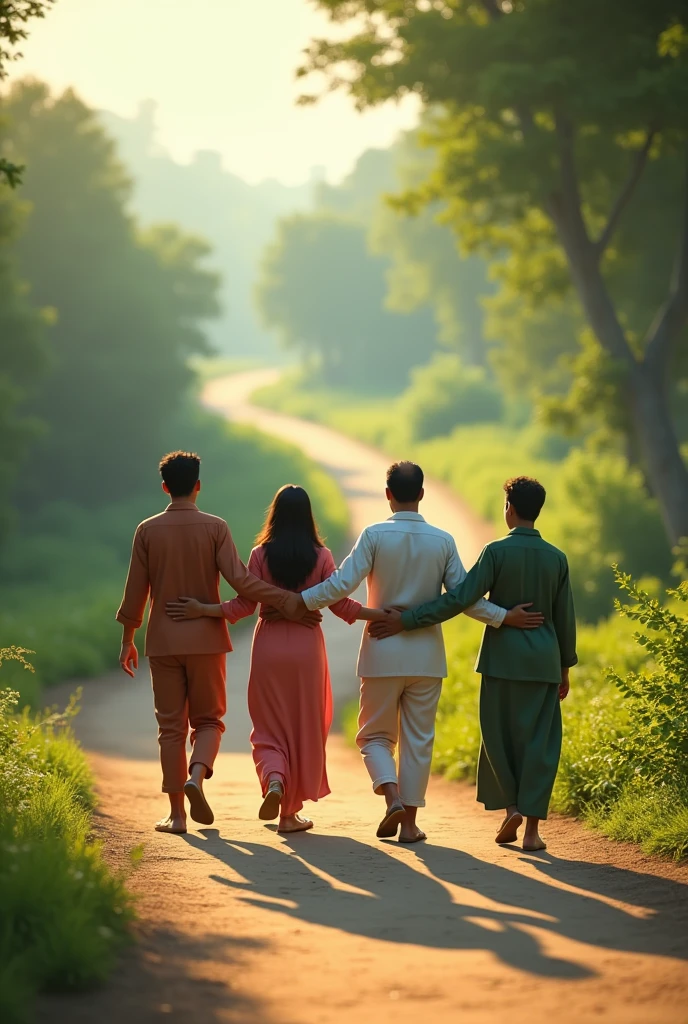 The Pakistanis are walking the path with their hands on the shoulders of the Bangladeshis