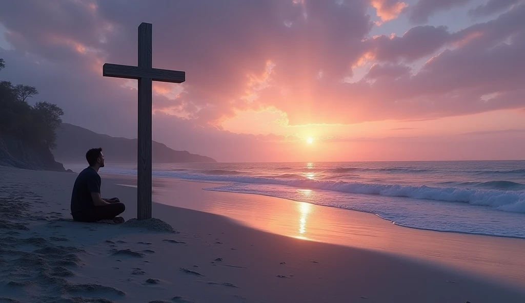 Photorealistic image of a quiet, serene beach at dusk, with a large wooden cross planted firmly in the sand near the water's edge. a man is sitting next to the cross, looking out at the horizon where the sun is setting, casting a gentle, warm glow over the scene. The waves lap softly at the shore, creating a sense of peace and calm. The sky is a blend of soft purples and deep blues, with a few stars beginning to appear. The image conveys a sense of tranquility and contemplation, with a natural, soothing color palette.