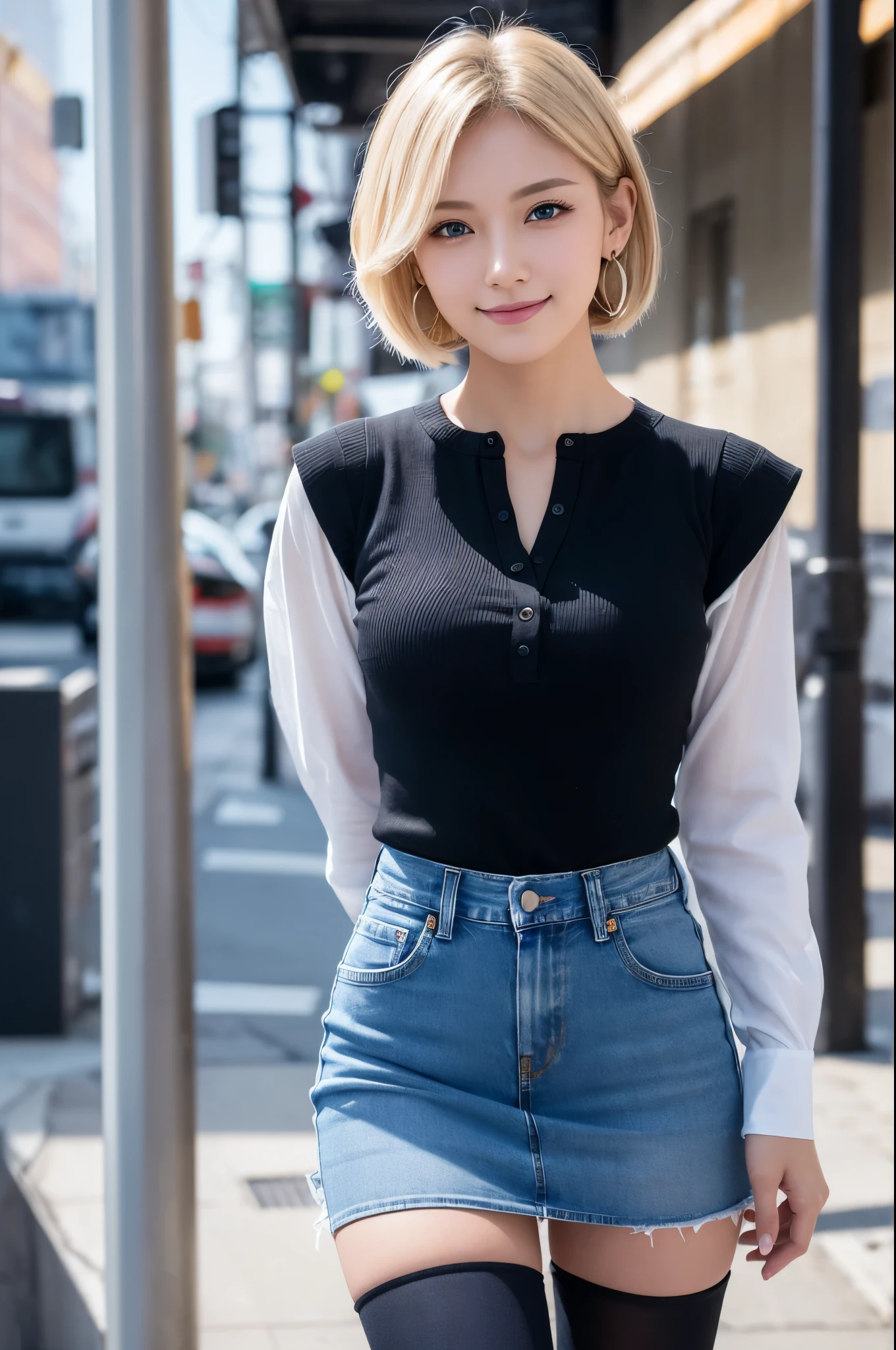8k,Highest quality, High resolution, AND18, One Girl, Android 18, alone, Blonde, blue eyes, short hair, Earrings, jewelry, Denim dress, Open Vest, Black Pantyhose, Black Shirt, Jeans Skirt, long sleeves with stripes, Blue Skirt, Medium chest, Cowboy Shot, street, (External dilated chest: 1.2)　Energy is released from the body　(Blue white light effect),Highest qualityのフォトリアリスティックRAW写真。Backlight、Cinema Lighting、Film Grain、50mm lens、Nikon D850、Realistic Skin、Fantasy art、Character Art、超High resolution、muscular and slim body、超Realistic Skin、Super Muscular Beauty,smile,Dynamic karate pose with clenched fists,