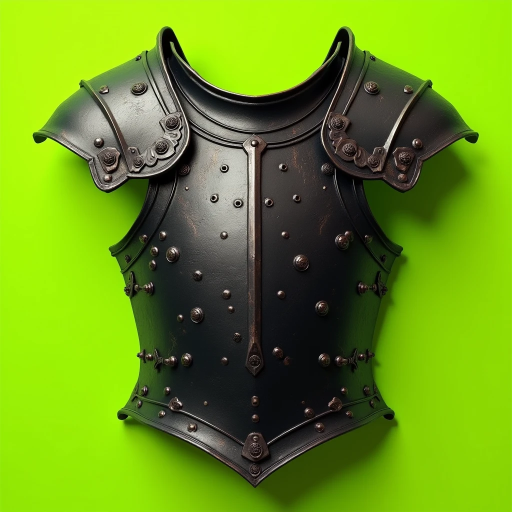 hyperrealistic, medieval, dark plate, chest armor piece, lime green background